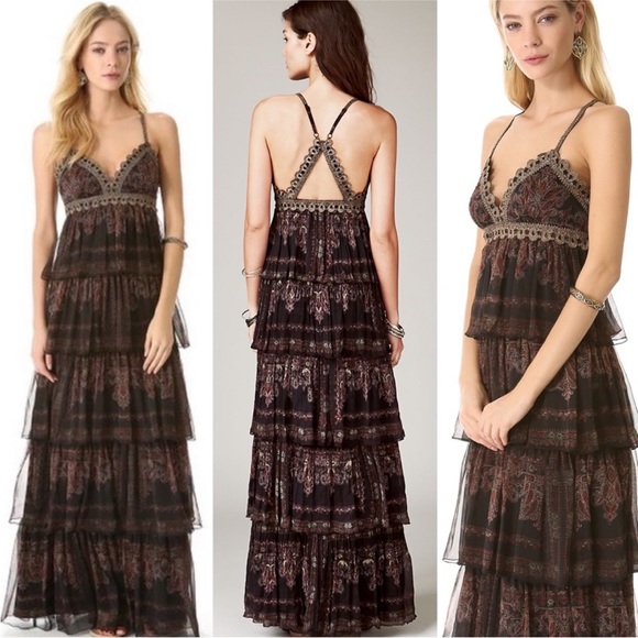 Free People Dresses & Skirts - Free People Magic Lamp Gown Paisley Print Wine Combo Tiered Maxi Dress Size 8